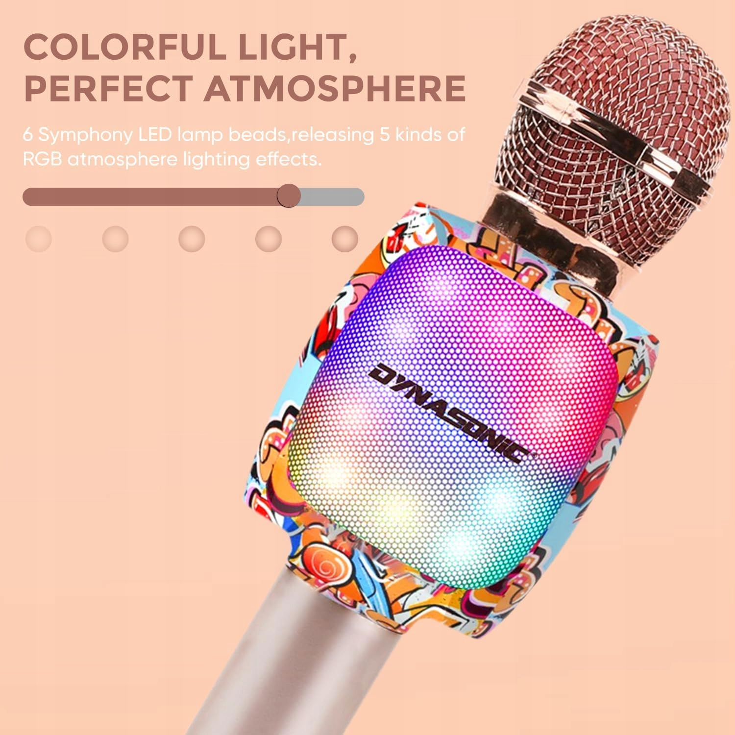 Mikrofon bezprzewodowy DYNASONIC DM-05 do karaoke Bluetooth RGB Złoty