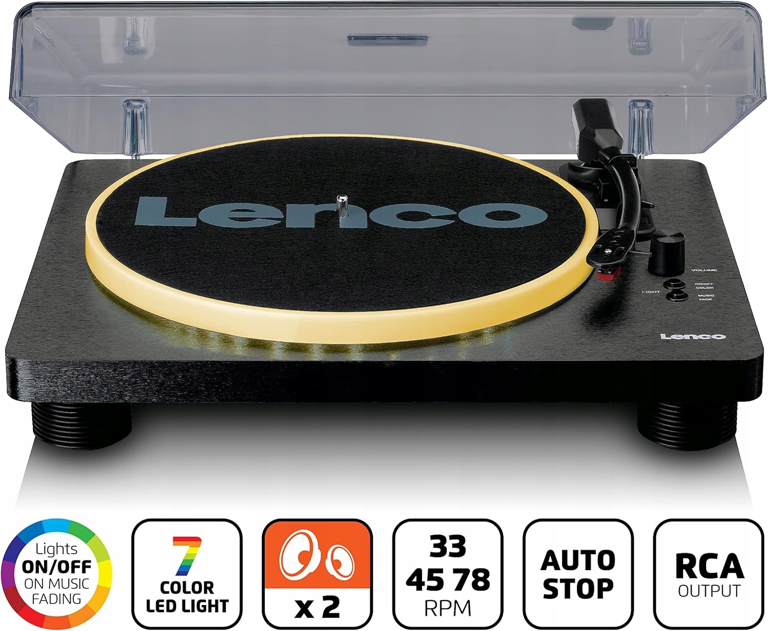 Gramofon LENCO LS-50LEDBK z głośnikami LED USB napęd pasowy 33, 45 i 78 obr