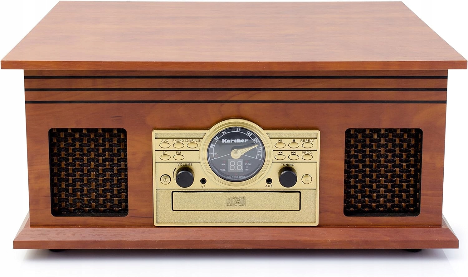 Gramofon Karcher NO-036 brązowy Odtwarzacz CD, Bluetooth, kasety, USB, FM