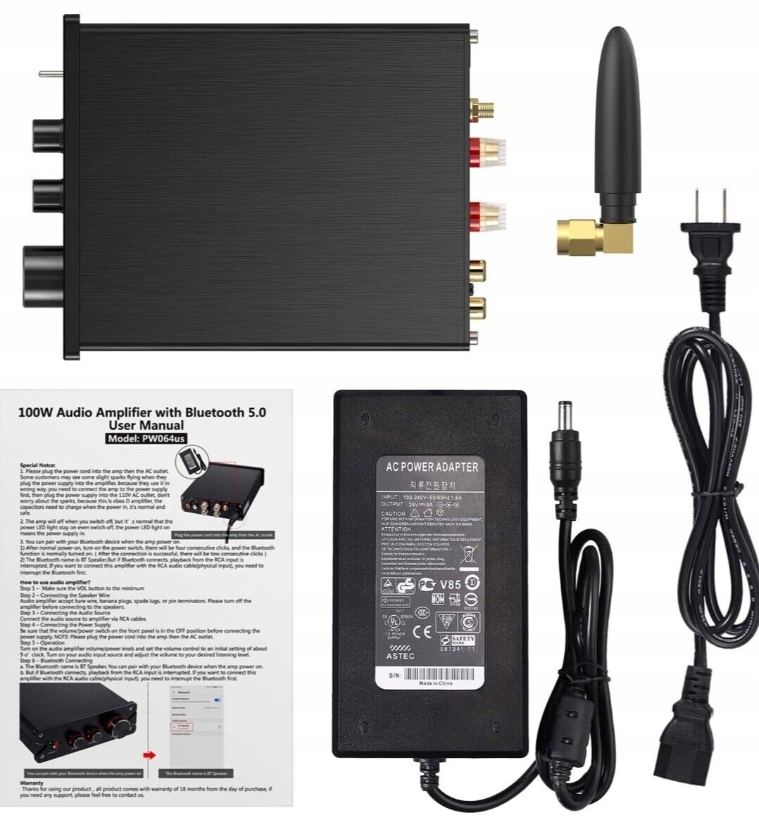 Neoteck Wzmacniacz stereo audio Bluetooth 5.0 HiFi, 2-kanałowy, 100 W x 2