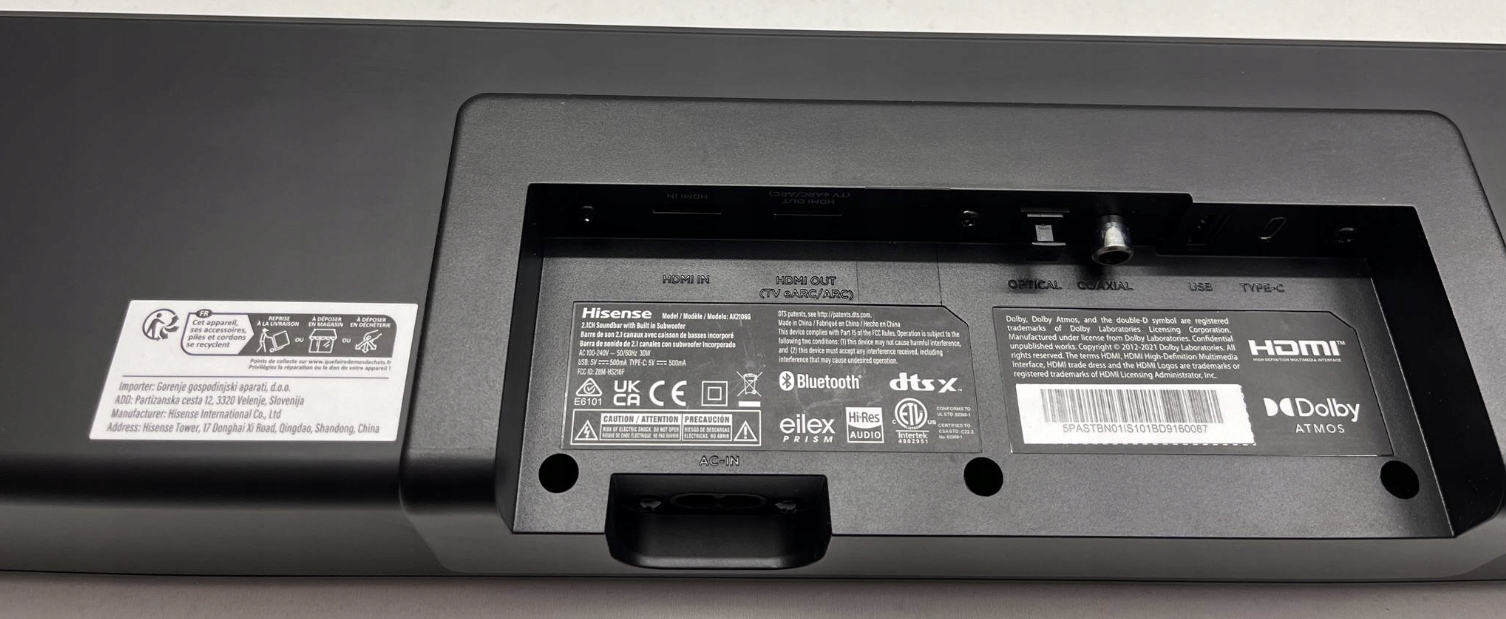 Hisense AX2106G 2.1-kanałowy soundbar z wbudowanym subwooferem, 240 W BT