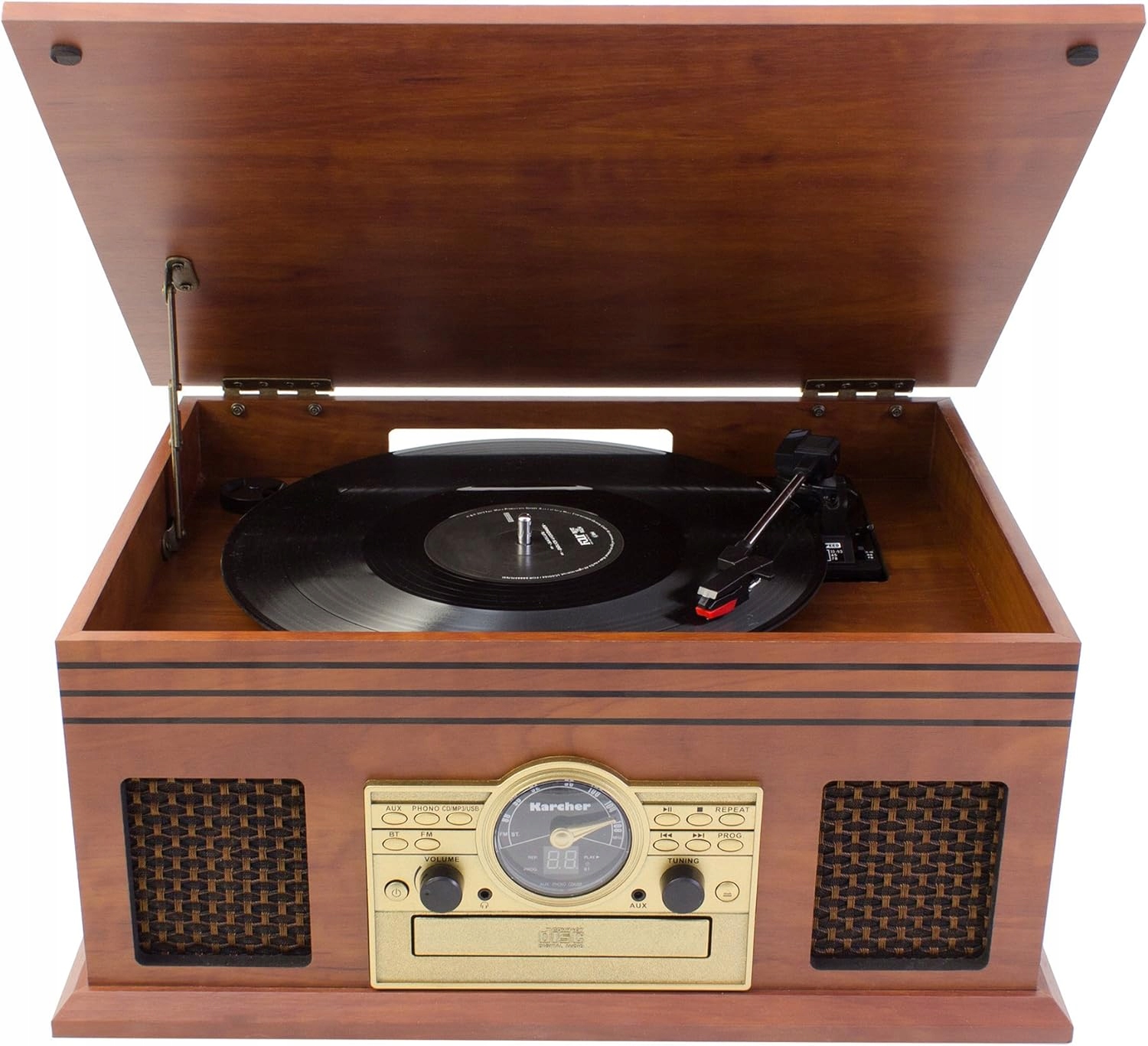Gramofon Karcher NO-036 brązowy Odtwarzacz CD, Bluetooth, kasety, USB, FM