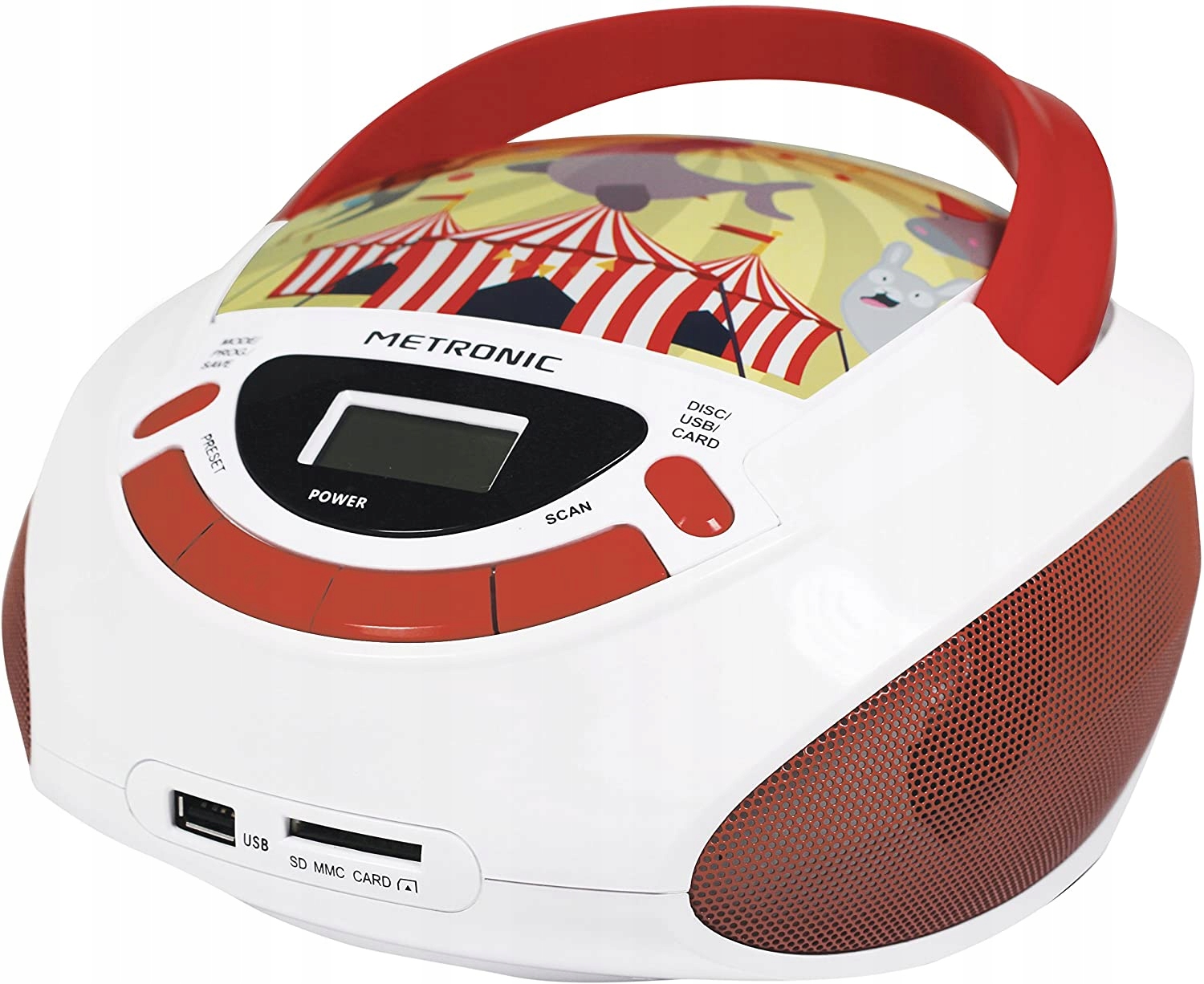 Metronic Odtwarzacz CD Circus z wejściem USB AUX czerwono biały cyrk