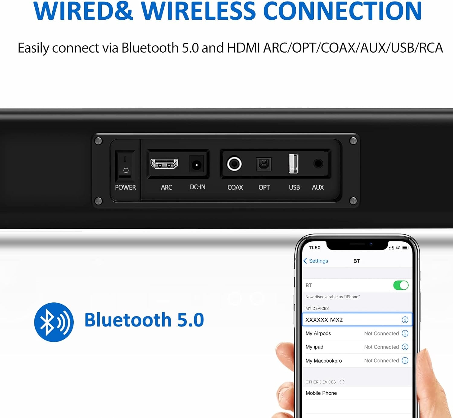 Foxnovo Soundbar MX2 z Bluetooth 6.0 Czarny z Niebieską Diodą LED 80W