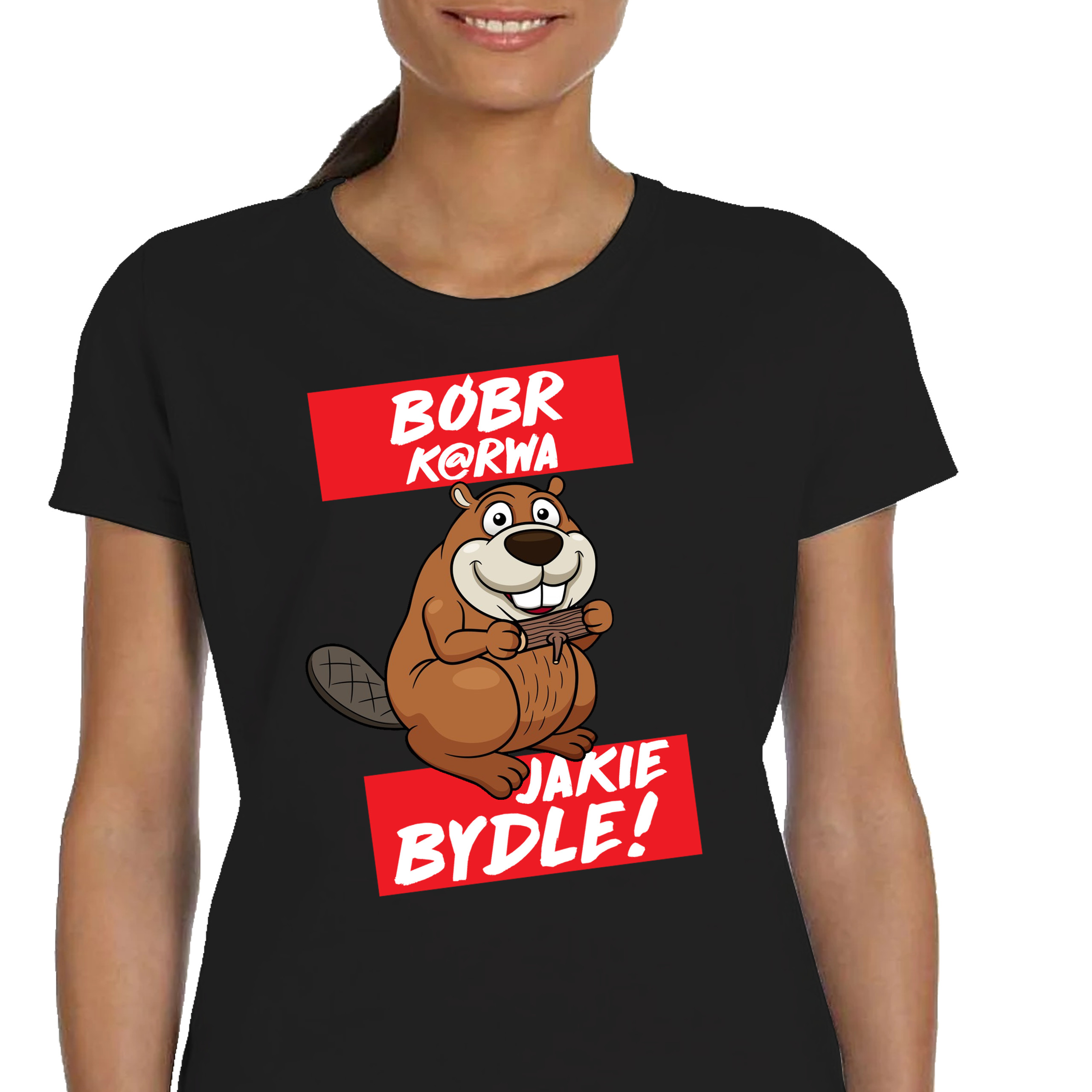 P097 DAMSKA ŚMIESZNA KOSZULKA BÓBR JAKIE BYDLE BOBER MEM BEAVER L CZARNA