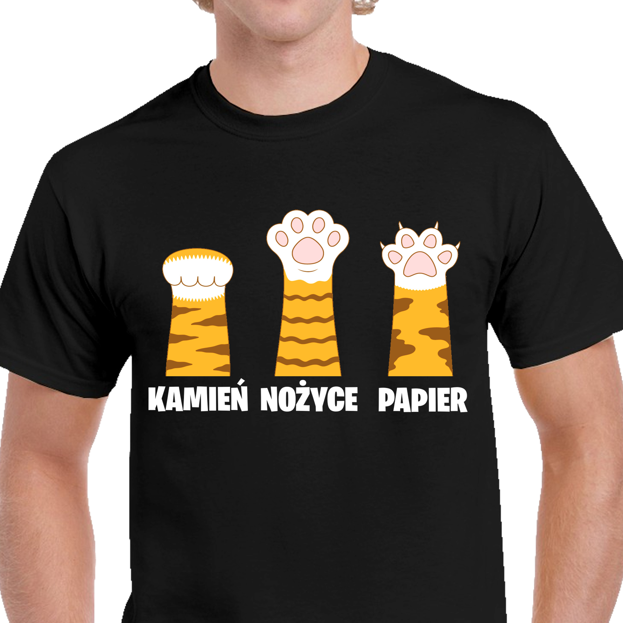 P338 KOSZULKA MĘSKA CZARNA Śmieszna Kot Kamień Papier Nożyce Jakość L