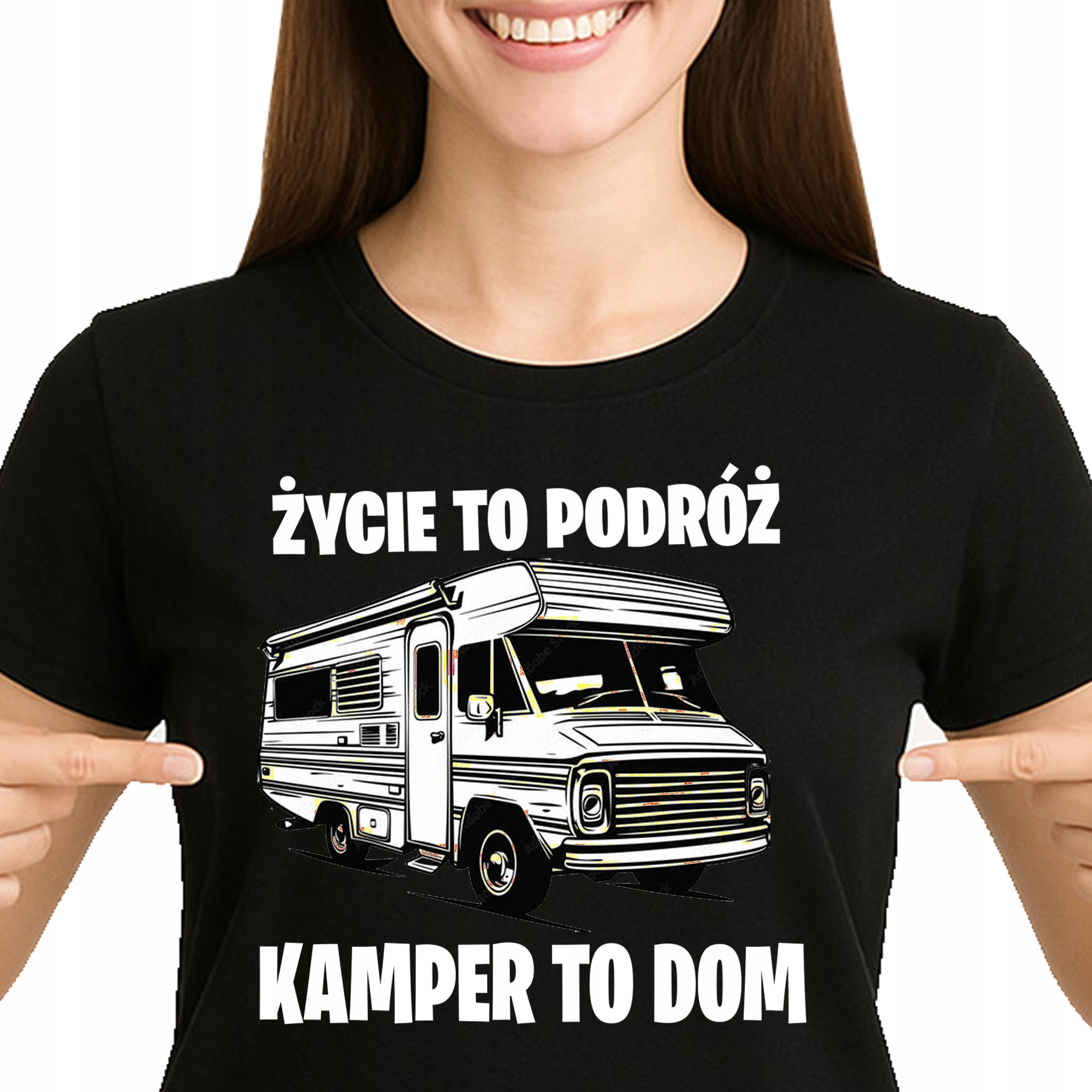 KOSZULKA DAMSKA ŻYCIE TO PODRÓŻ KAMPER TO DOM CAMPER XXL 3454 CZARNA