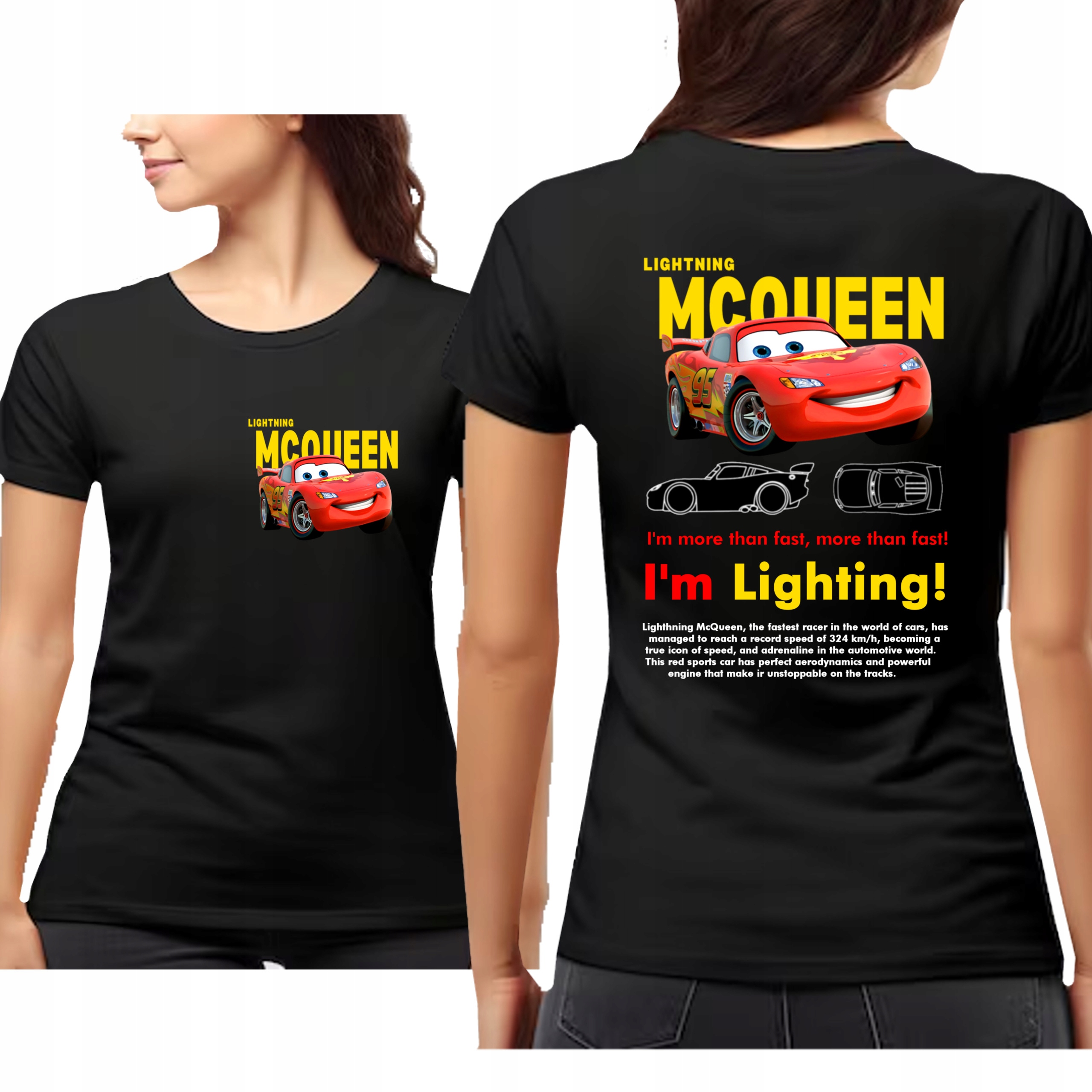 KOSZULKA DAMSKA I'm Lightning Cars Mcqueen SALLY PRZÓD TYŁ XXL 3378 CZARNA
