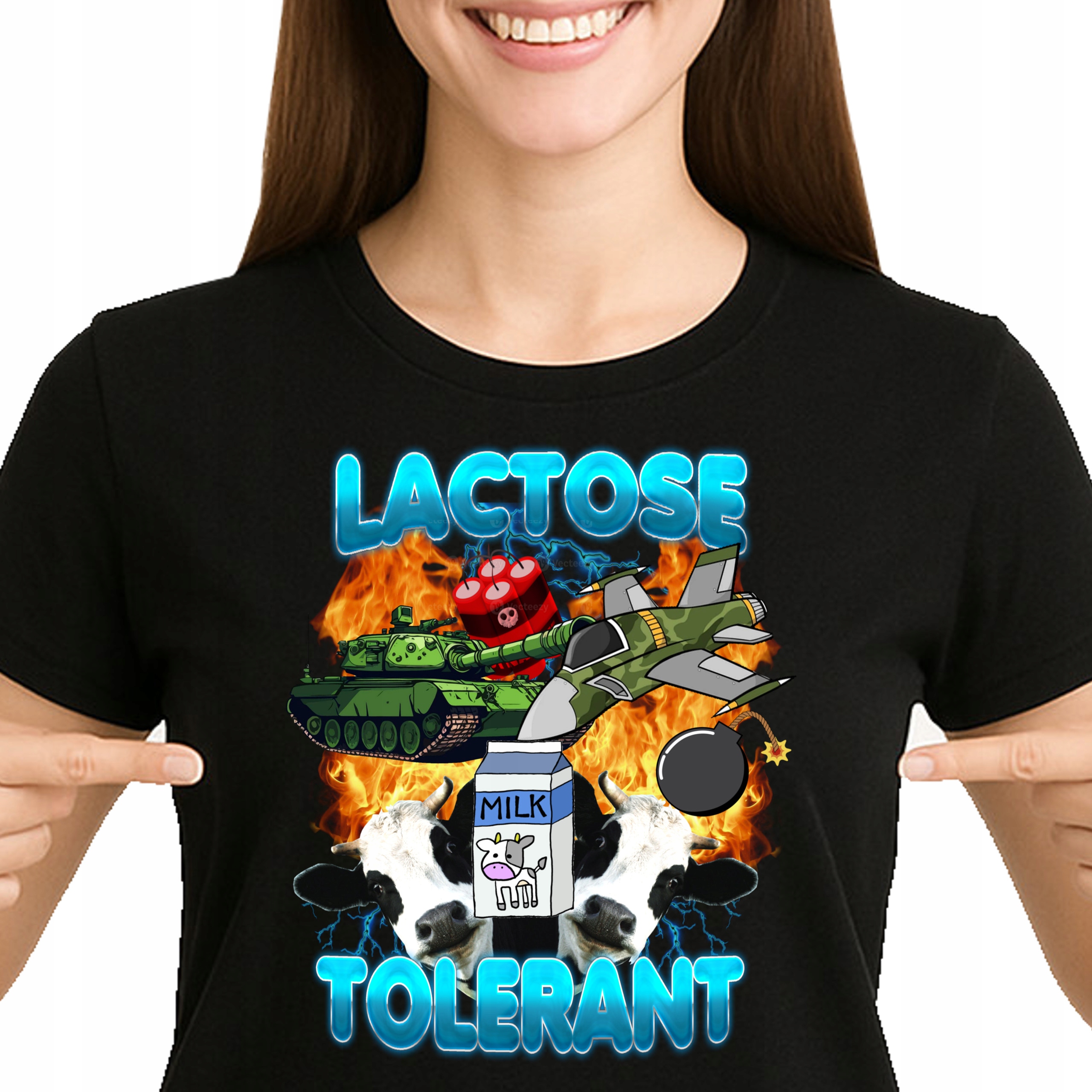 ŚMIESZNA KOSZULKA DAMSKA LACTOSE TOLERANT KROWA MLEKO S 3512 CZARNA