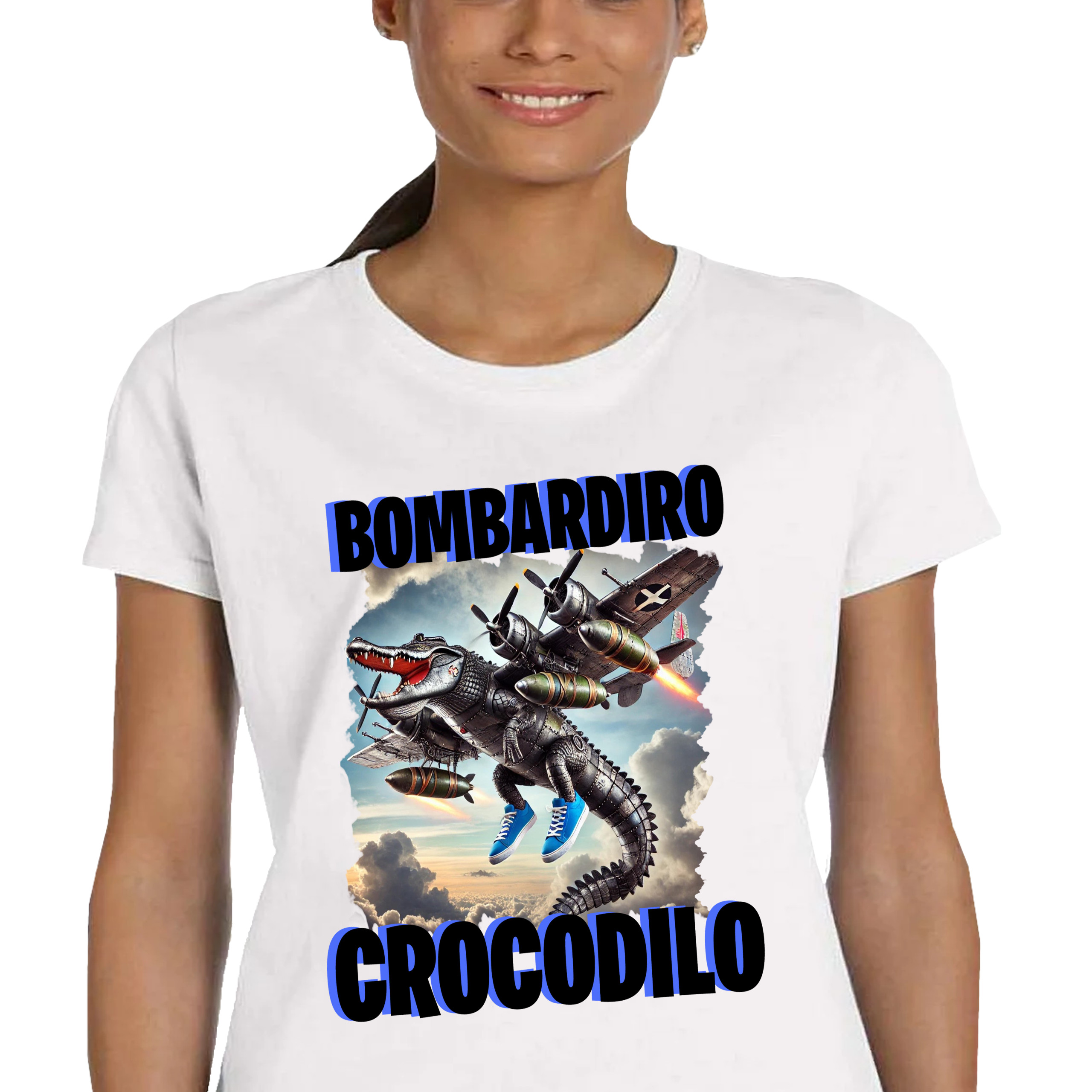 P335 DAMSKA KOSZULKA BAWEŁNA Śmieszna MEMY Bombardiro Crocodilo Jakość L