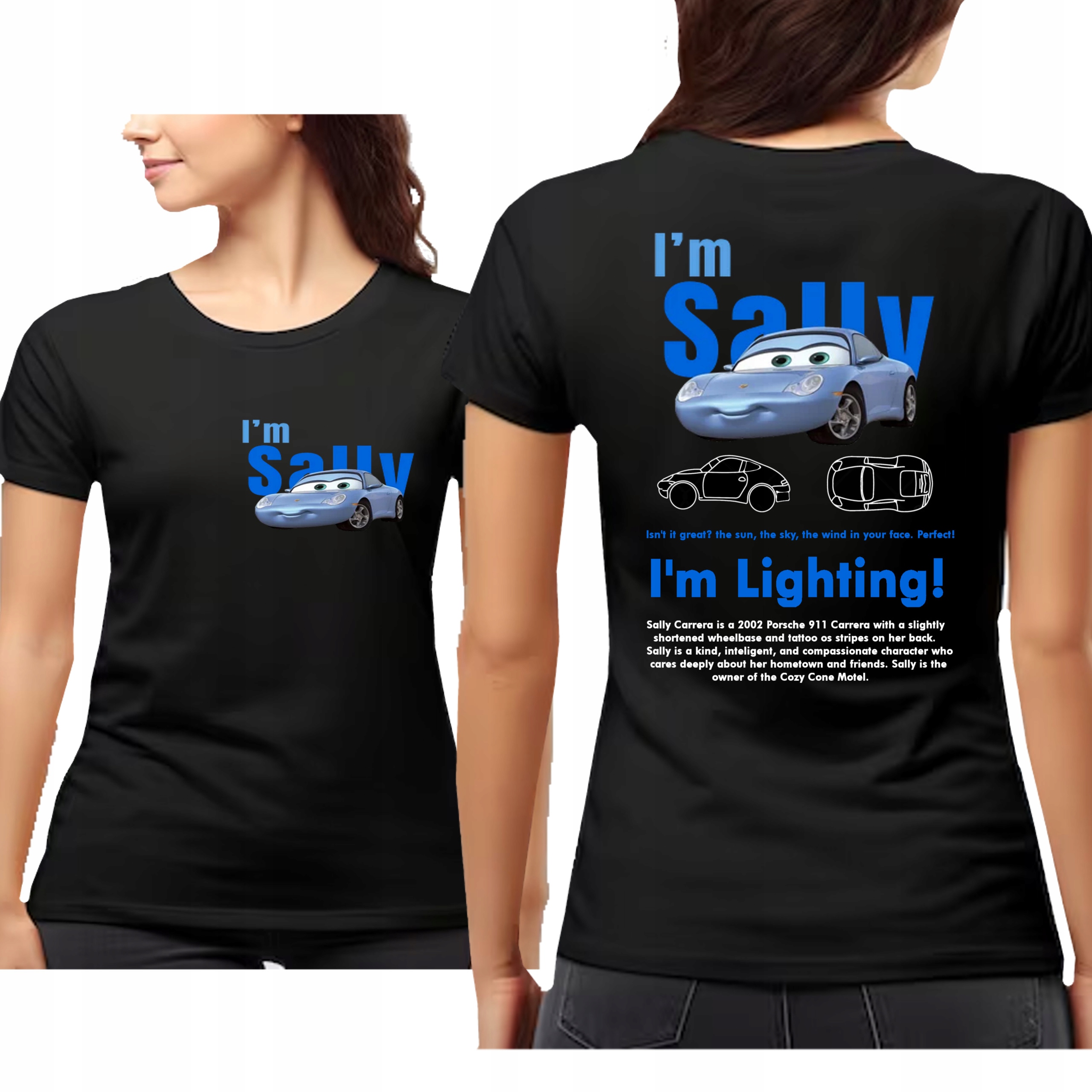KOSZULKA DAMSKA I'm Lightning Cars SALLY MCQUEEN PRZÓD TYŁ M 3379 CZARNA