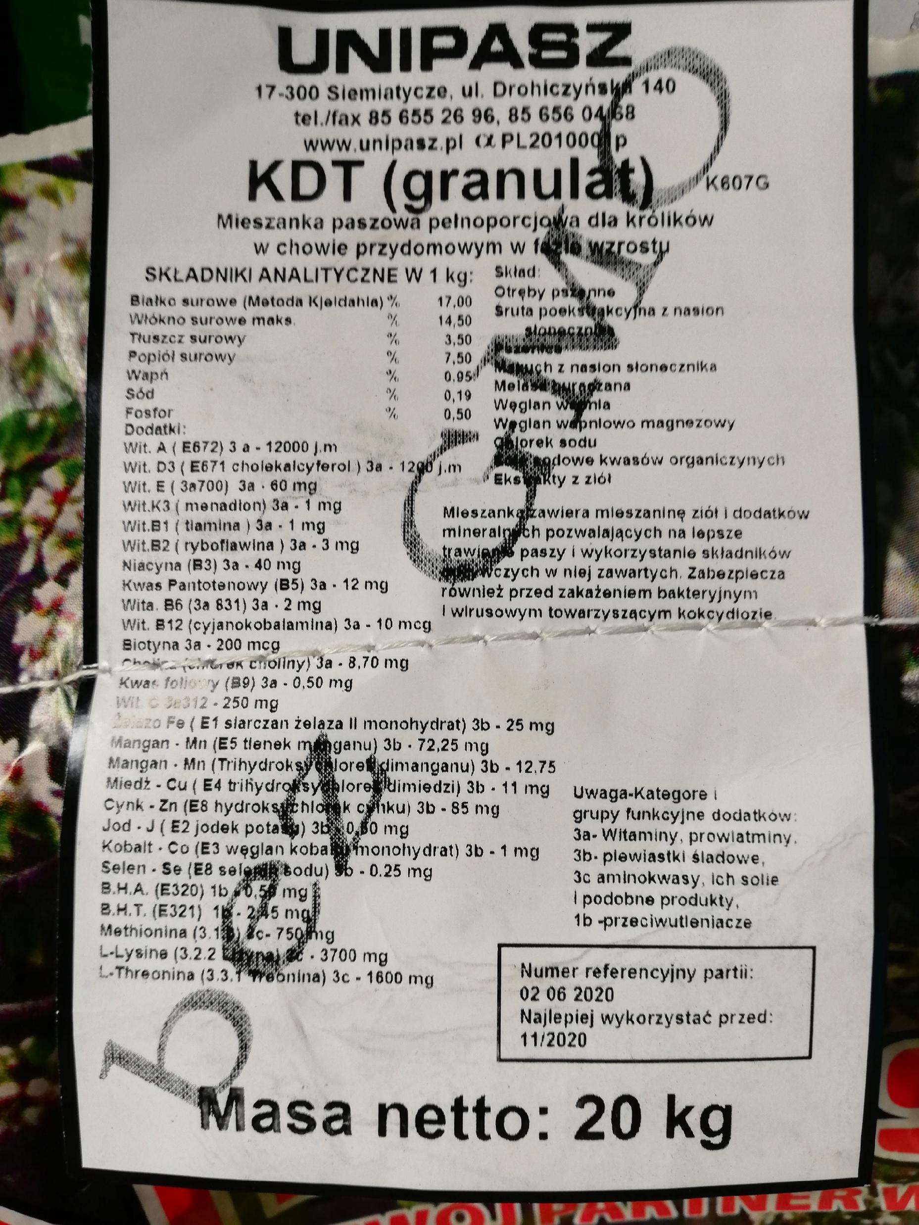 Pasza, karma dla królików w tuczu KDT UNIPASZ 20kg