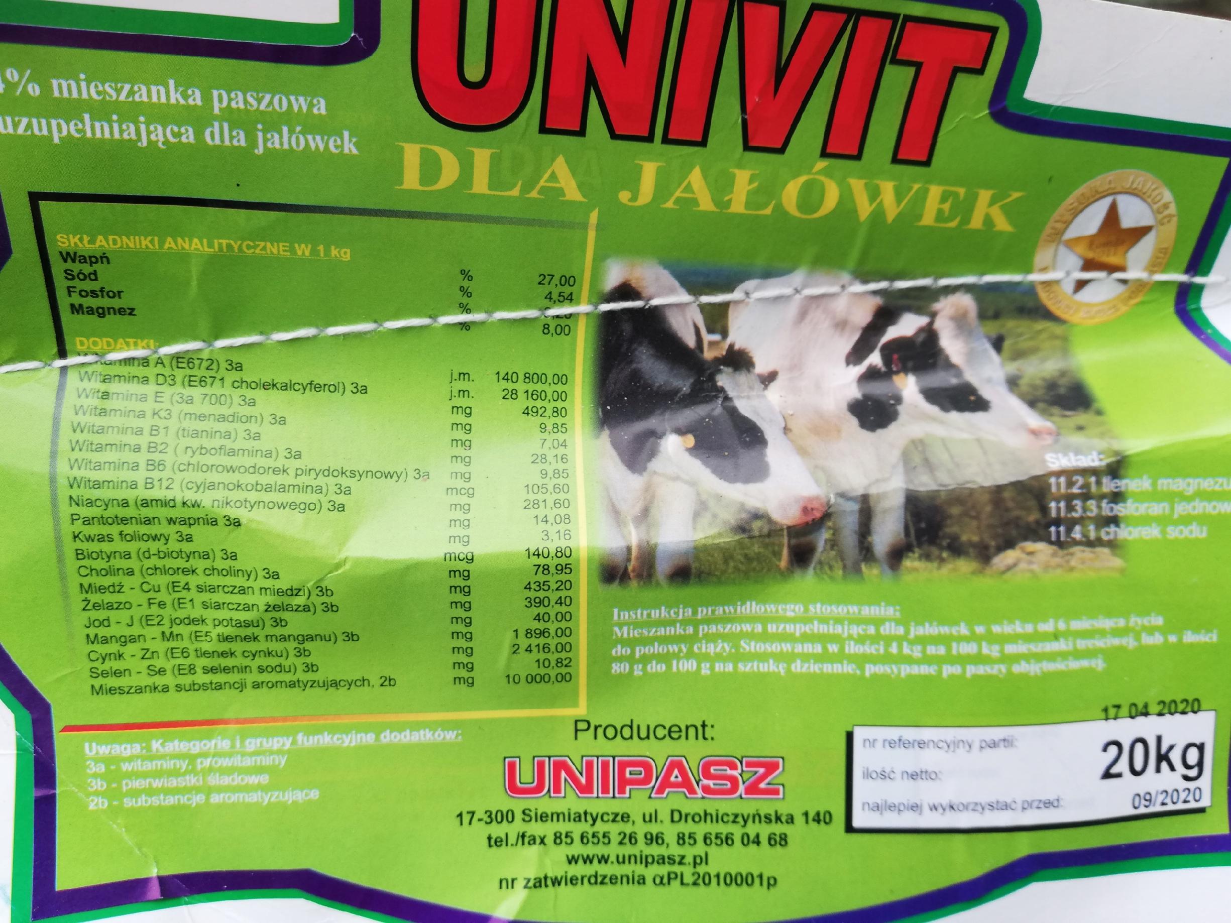 UNIVIT witaminy dla jałówek UNIPASZ 20KG