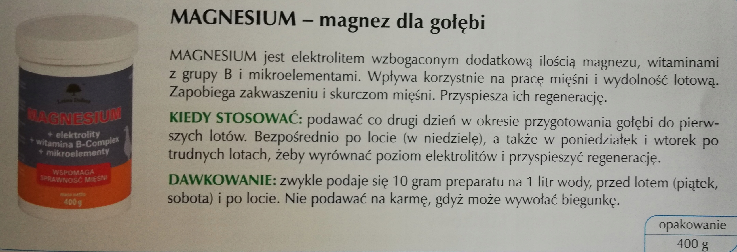 Magnez , elektrolit dla gołębi Leśna Dolina 400g