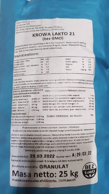Pasza Krowa 21 Lakto krowy mleczne bydło Piast 25k