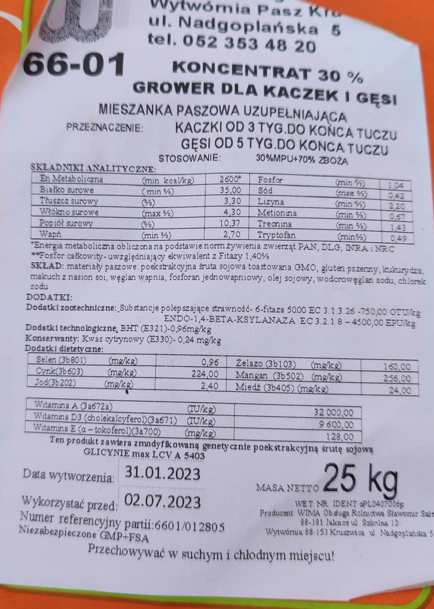Koncentrat dla kaczek gęsi Grower Finisz Wima 25kg