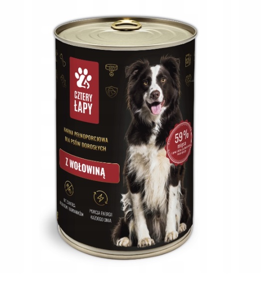 ZESTAW 6x Karma mokra dla psa o smaku wołowiny Cztery Łapy Puszka 1250g