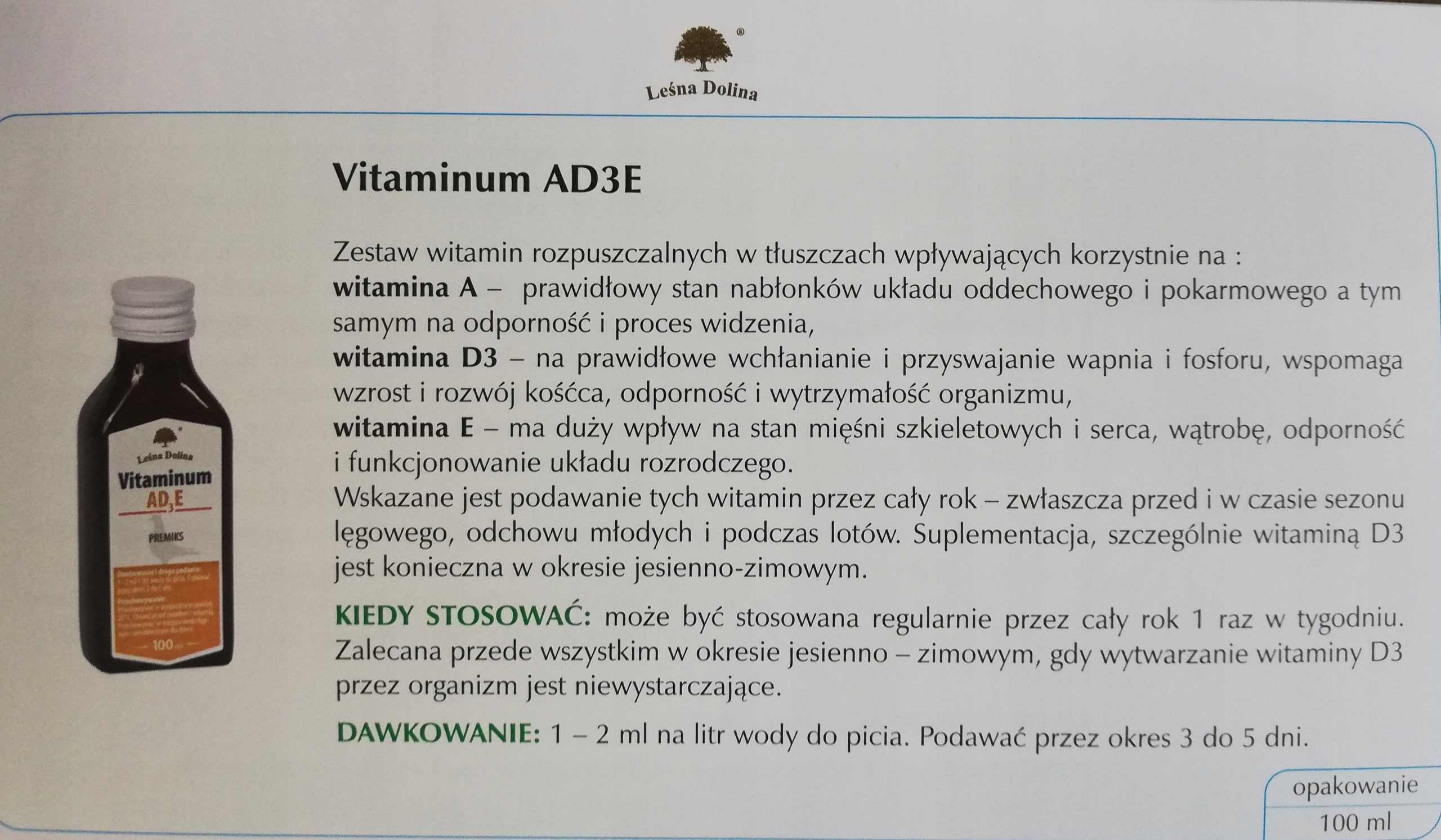 Witamina AD3E dla gołębi Leśna Dolina 100ml