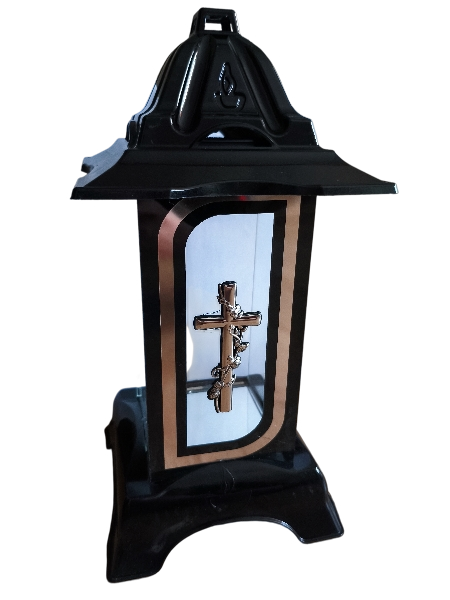 ZNICZ SZKLANY, KAPLICZKA CZARNA Z SREBRNĄ APLIKACJĄ I KRZYŻEM 33 CM