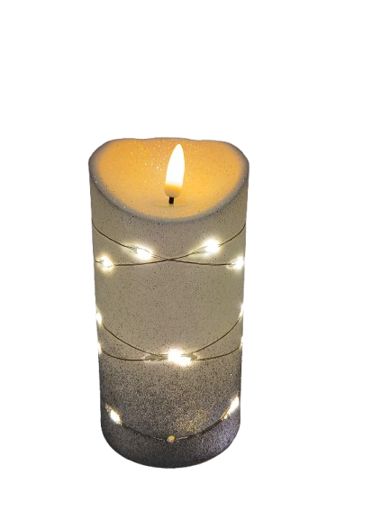 Świeczka dekoracyjna z srebrnym brokatem i łańcuszkiem led 8,5cm*15,7cm