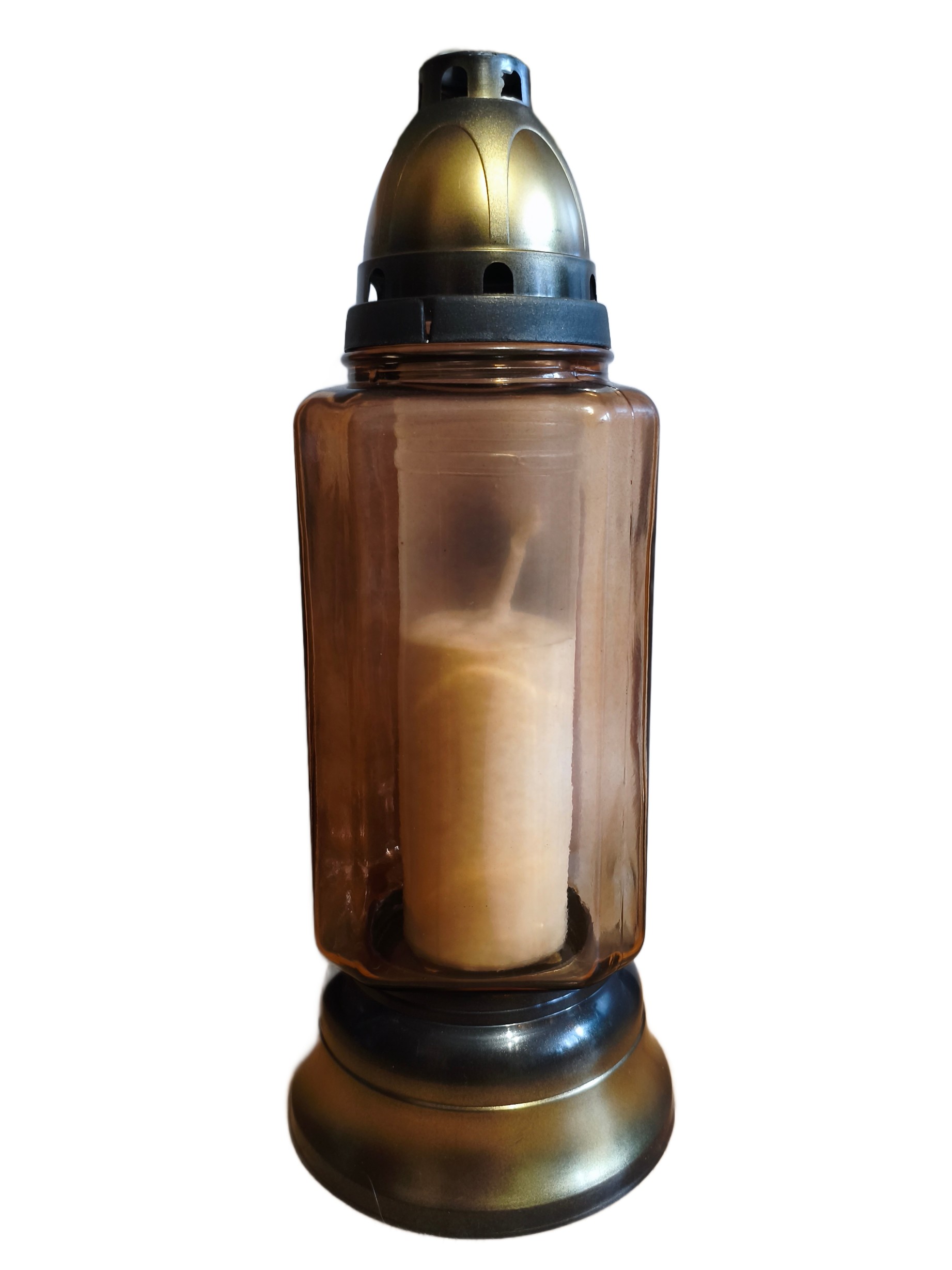 ZNICZ SZKLANY Z ZŁOTĄ APLIKACJĄ I SREBRNYM KRZYŻEM, KWADRATOWY SZKŁO