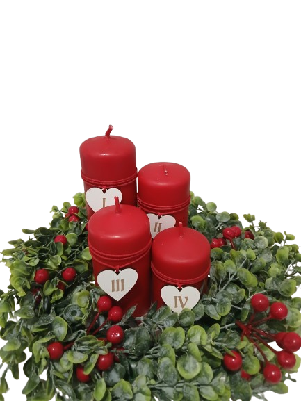 Zestaw świec adwentowych z numerami 1,2,3,4 w kolorze czerwone matowe