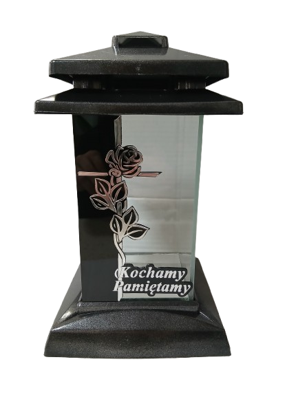 Znicz kapliczka z napisem " Kochamy Pamiętamy" srebrna 27 cm