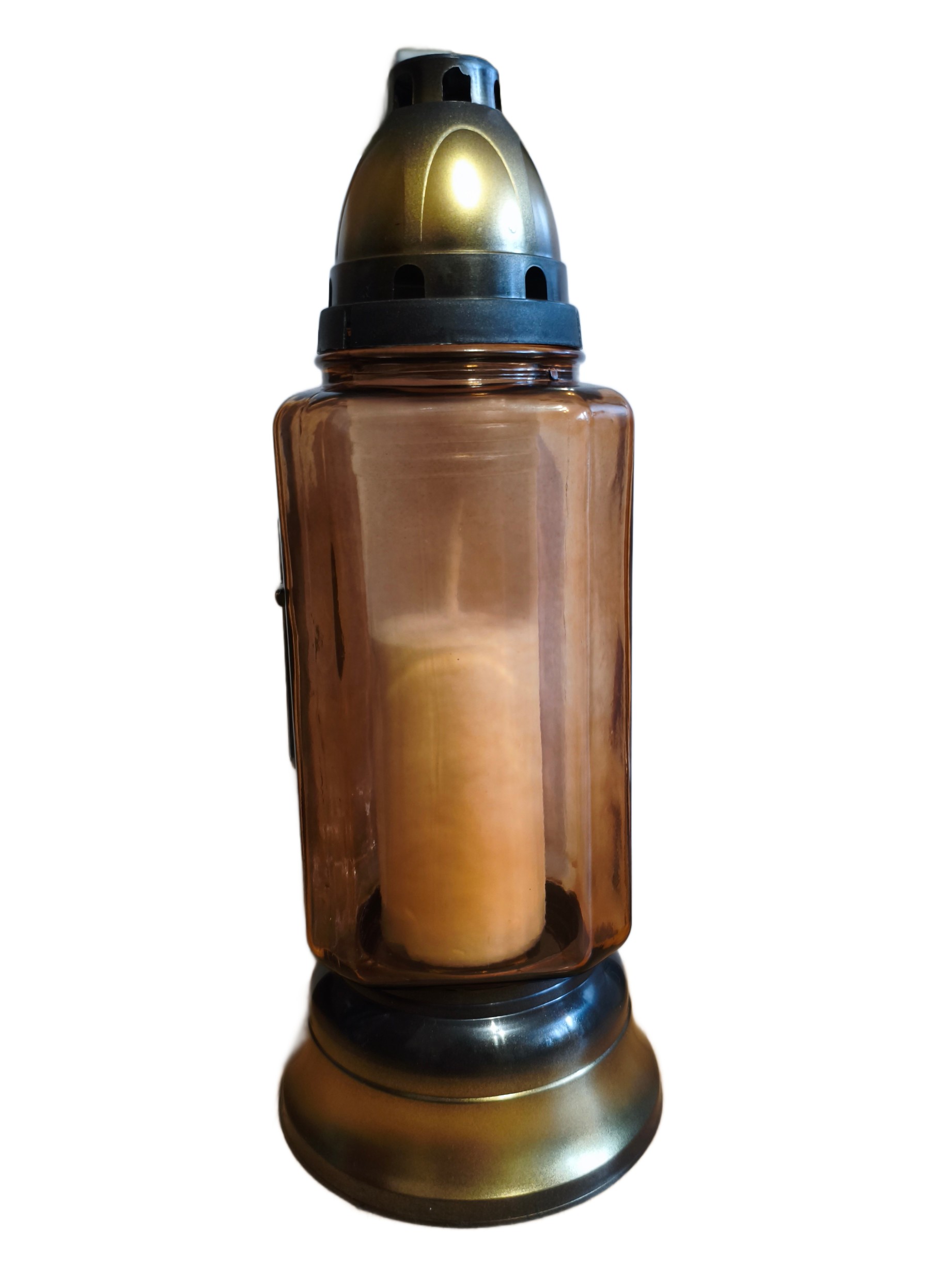 ZNICZ SZKLANY Z ZŁOTĄ APLIKACJĄ I SREBRNYM KRZYŻEM, KWADRATOWY SZKŁO