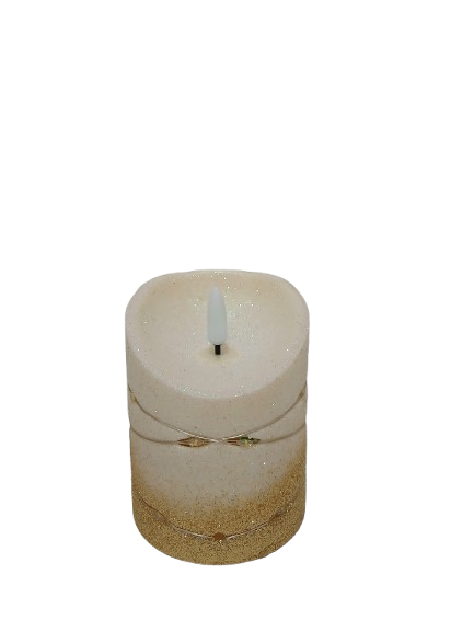 Świeczka dekoracyjna ecru z złotym brokatem i łańcuszkiem led 8,5 cm*10,5cm