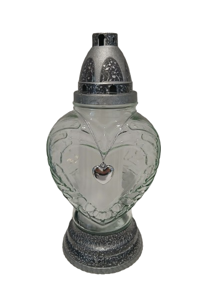 Znicz całoroczny srebrny z zawieszką serduszko R-577a 26 cm