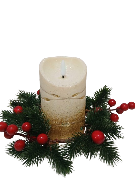 Świeczka dekoracyjna ecru z złotym brokatem i łańcuszkiem led 8,5cm*13 cm