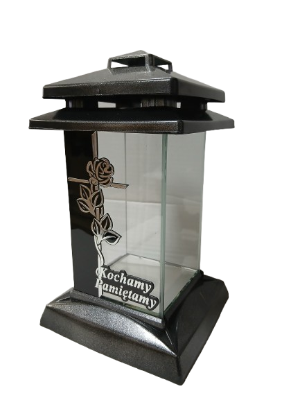 Znicz kapliczka z napisem " Kochamy Pamiętamy" srebrna 27 cm