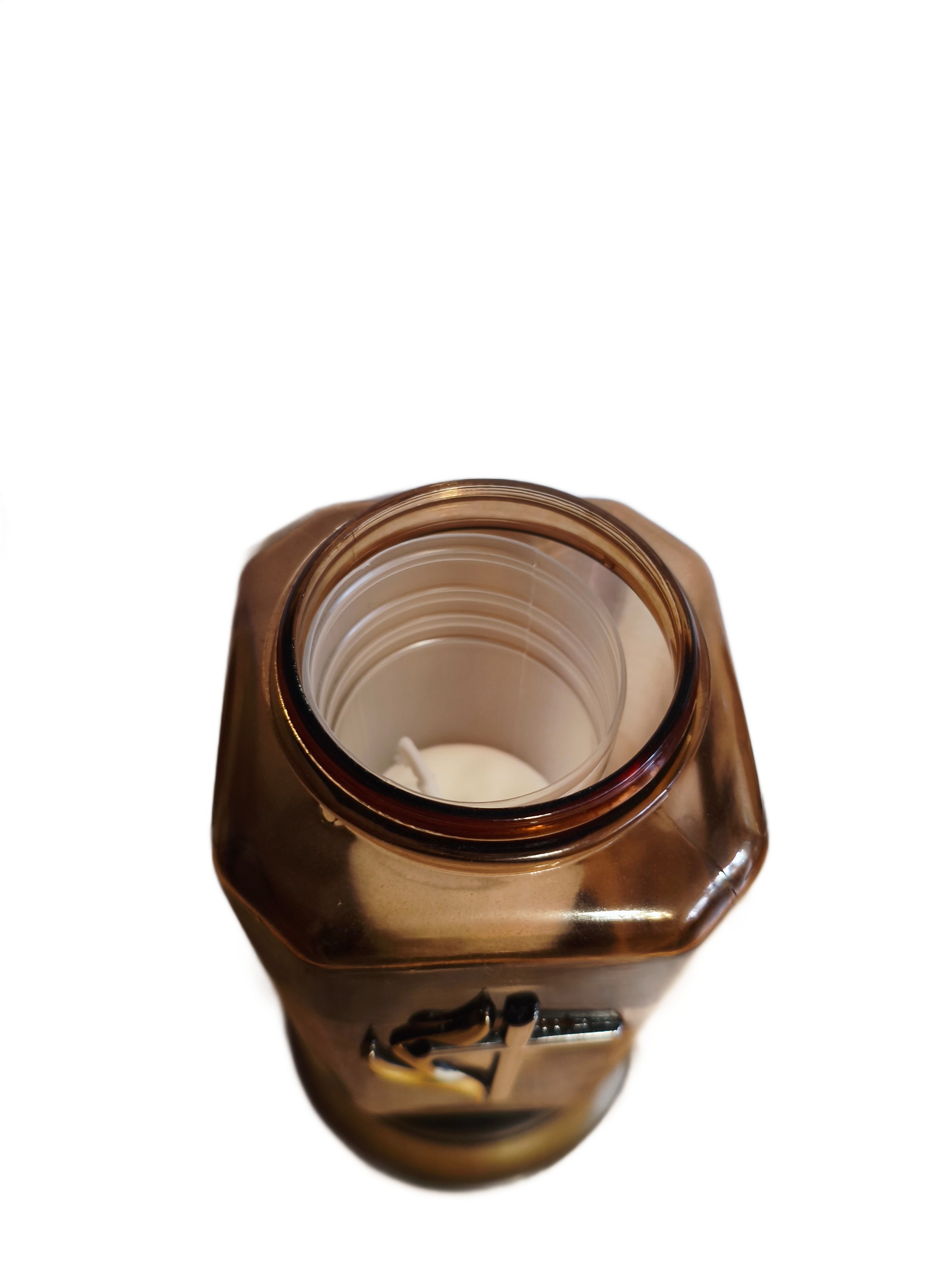 ZNICZ SZKLANY Z ZŁOTĄ APLIKACJĄ I SREBRNYM KRZYŻEM, KWADRATOWY SZKŁO