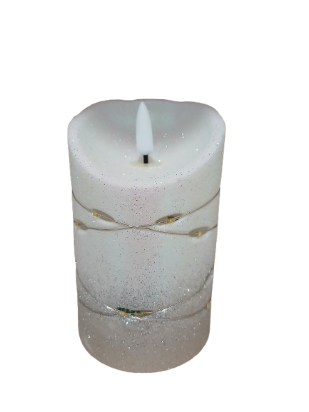 Świeczka dekoracyjna z srebrnym brokatem i łańcuszkiem 8,5cm*13cm