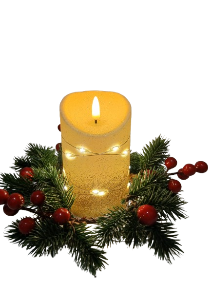 Świeczka dekoracyjna ecru z złotym brokatem i łańcuszkiem led 8,5 cm*10,5cm