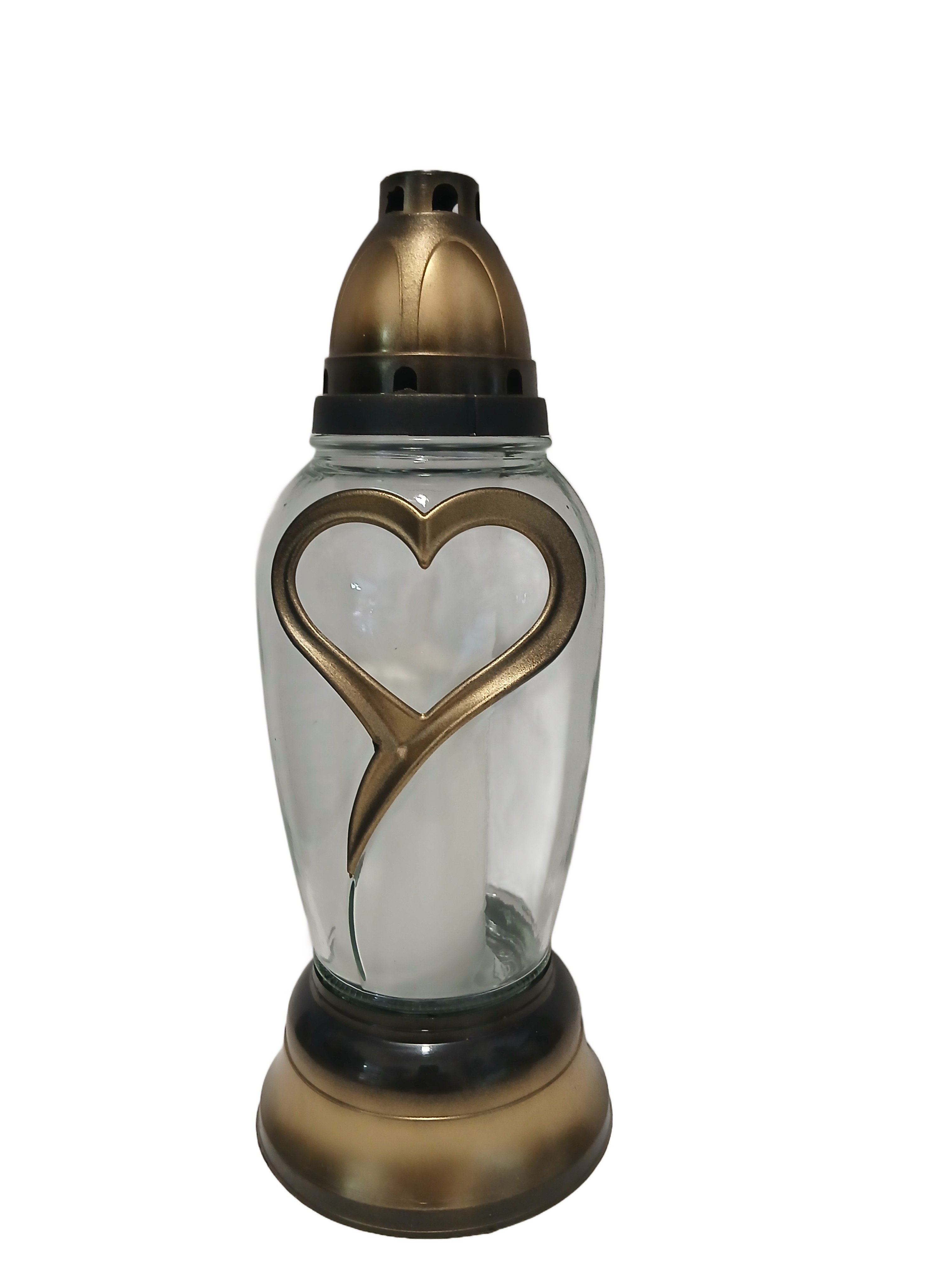 Znicz szklany całoroczny złoty z sercem  30 cm