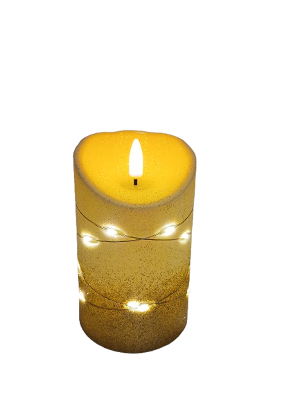 Świeczka dekoracyjna ecru z złotym brokatem i łańcuszkiem led 8,5cm*13 cm