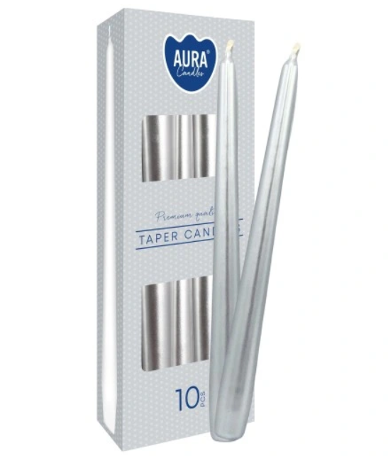 ŚWIECA STOŻKOWA AURA BISPOL S30-271 METALIK SREBRNY 10 SZT, wys. 24,5 cm
