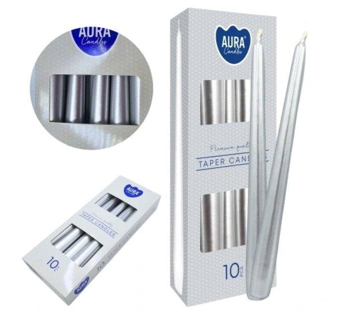 ŚWIECA STOŻKOWA AURA BISPOL S30-271 METALIK SREBRNY 10 SZT, wys. 24,5 cm