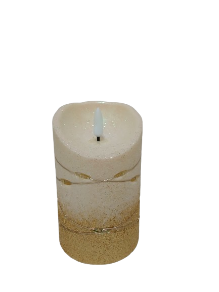 Świeczka dekoracyjna ecru z złotym brokatem i łańcuszkiem led 8,5cm*13 cm