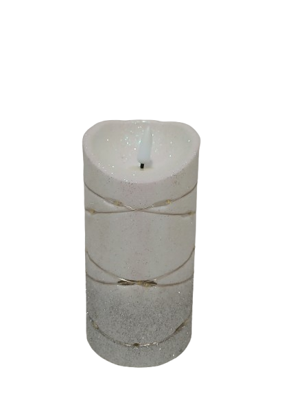 Świeczka dekoracyjna z srebrnym brokatem i łańcuszkiem led 8,5cm*15,7cm