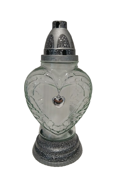 Znicz całoroczny srebrny z zawieszką serduszko R-577a 26 cm