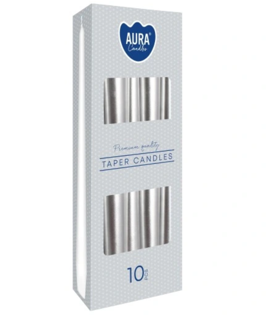 ŚWIECA STOŻKOWA AURA BISPOL S30-271 METALIK SREBRNY 10 SZT, wys. 24,5 cm
