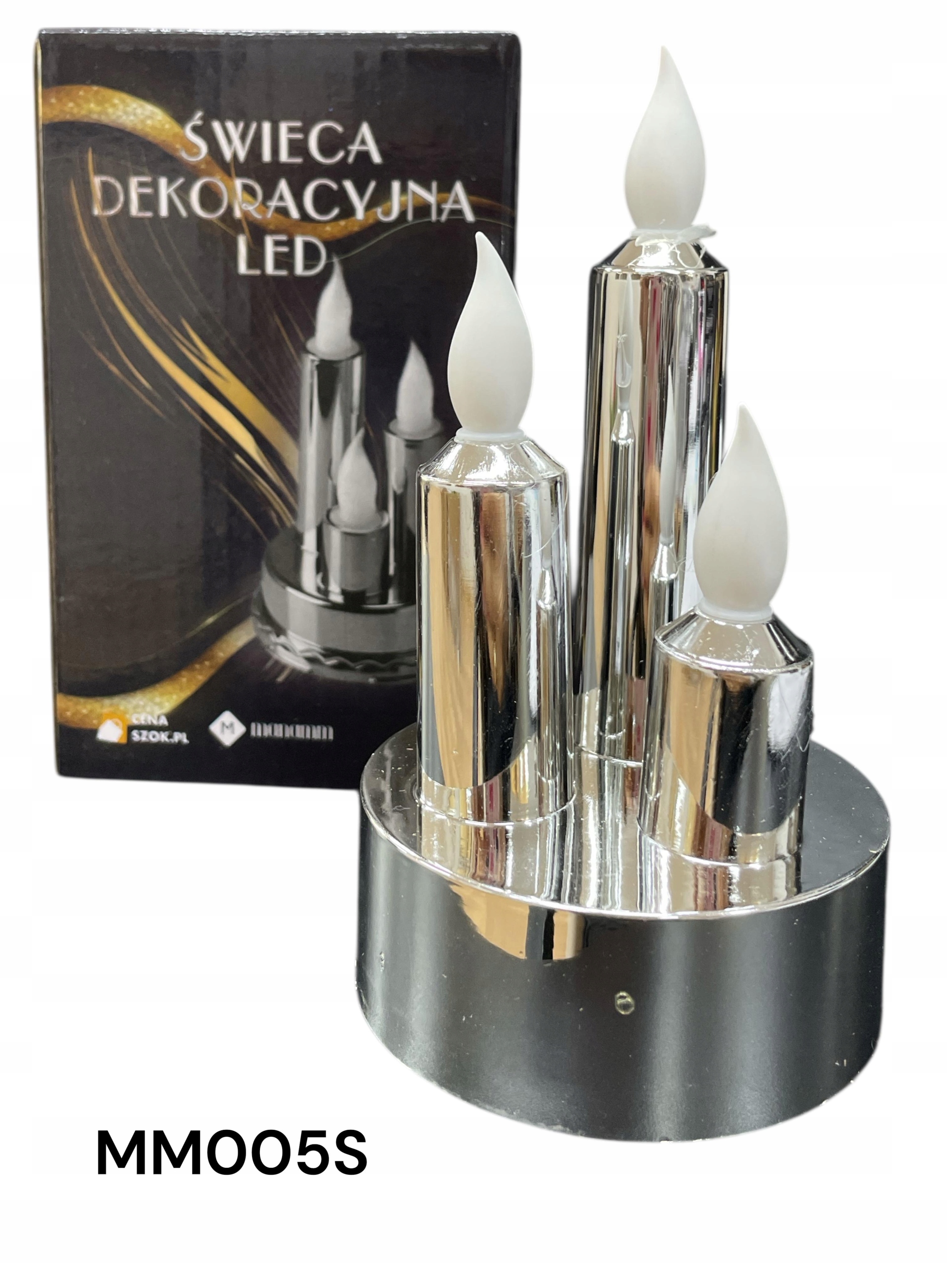 ŚWIECA LED POTRÓJNA SREBRNA STAŁY PŁOMIEŃ 7,5cm*13cm