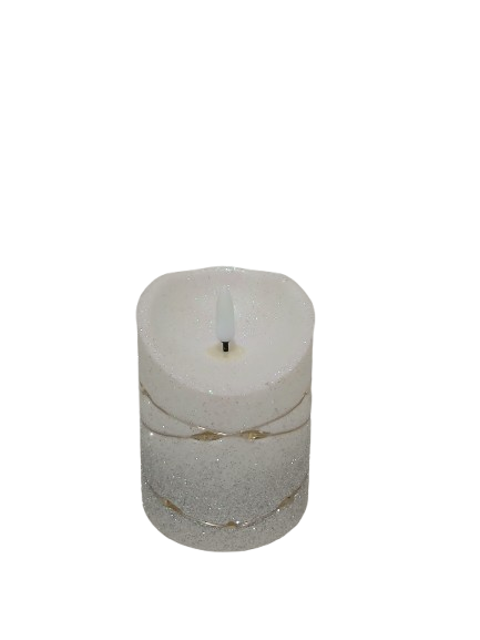 Świeczka dekoracyjna z srebrnym brokatem i łańcuszkiem led 8,5cm*10,5cm