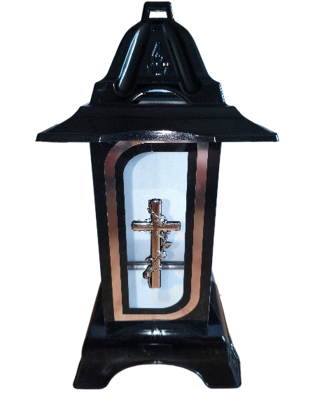 ZNICZ SZKLANY, KAPLICZKA CZARNA Z SREBRNĄ APLIKACJĄ I KRZYŻEM 33 CM