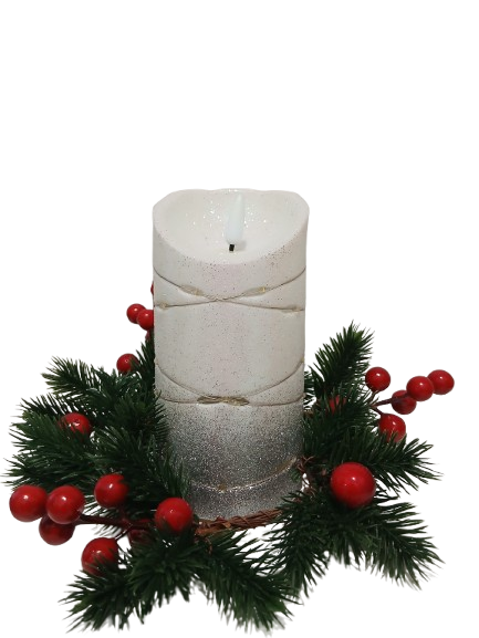 Świeczka dekoracyjna z srebrnym brokatem i łańcuszkiem led 8,5cm*15,7cm