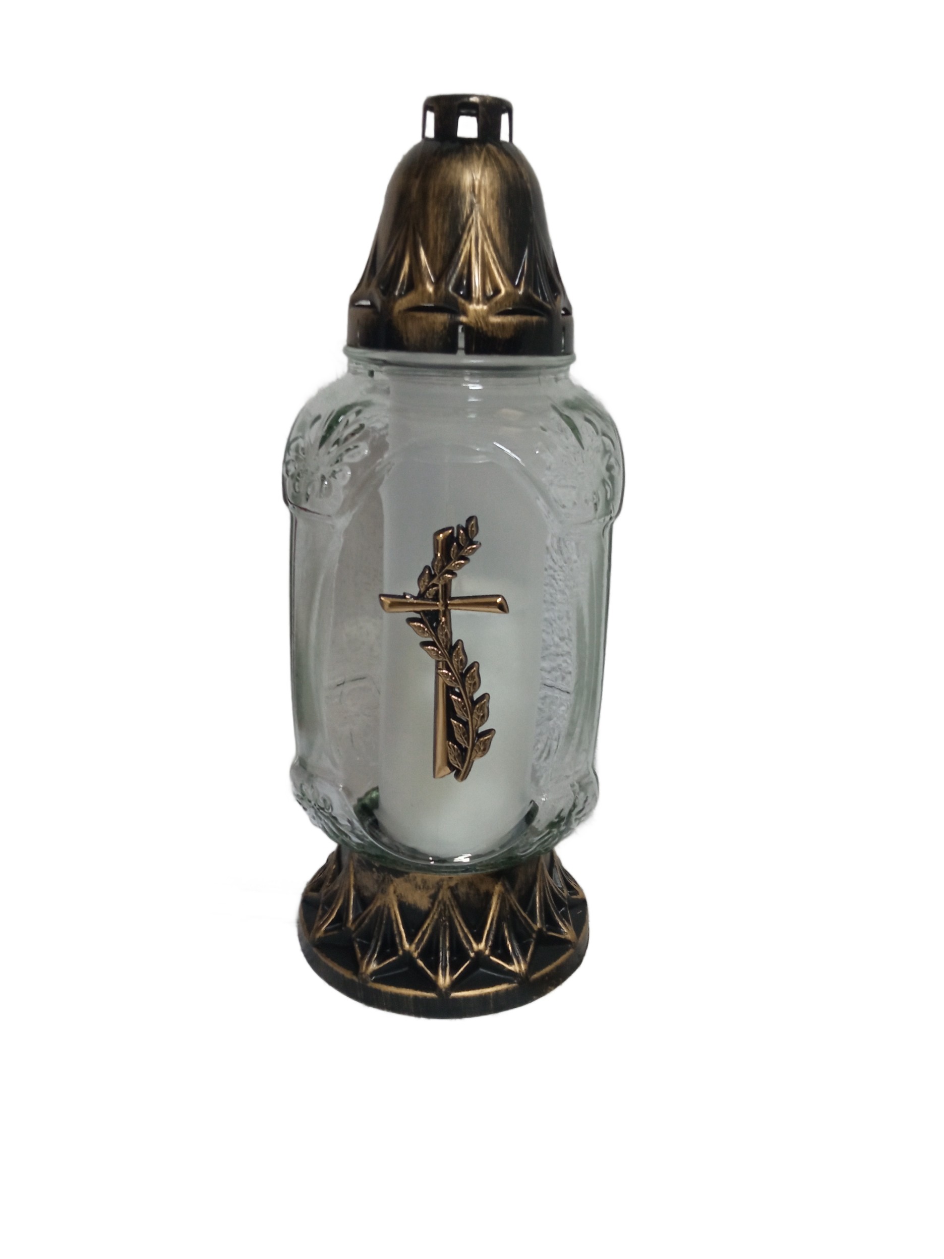 ZNICZ SZKLANY Z ZŁOTYM KRZYŻEM 29 cm CAŁOROCZNY