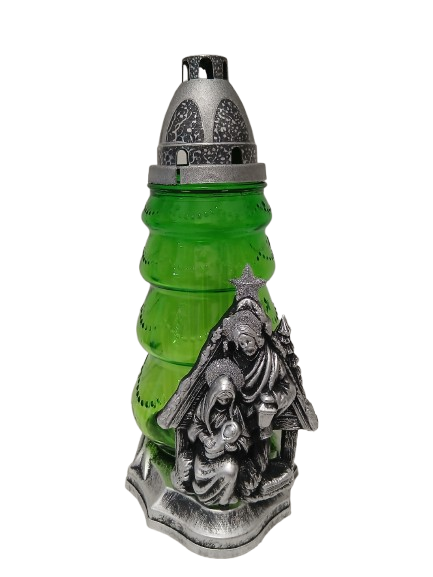 Znicz Bożonarodzeniowy z aplikacją szopki srebrny 27 cm