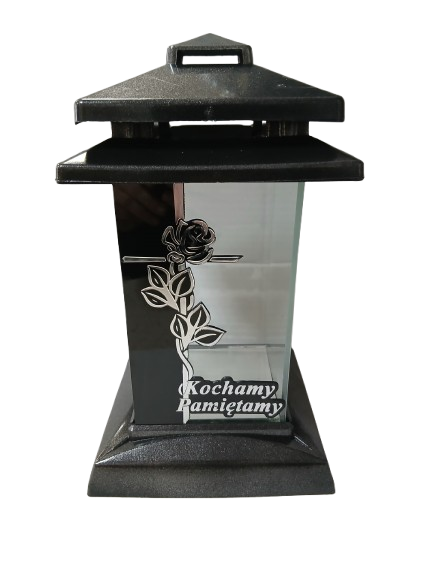 Znicz kapliczka z napisem " Kochamy Pamiętamy" srebrna 27 cm